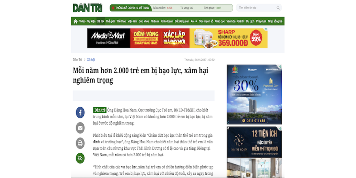 Mỗi năm hơn 2.000 trẻ em bị bạo lực, xâm hại nghiêm trọng