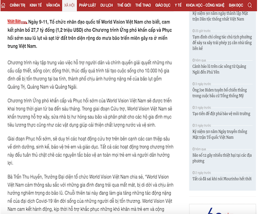 World Vision Việt Nam cam kết hỗ trợ ứng phó khẩn cấp và phục hồi sớm  cho 10.000 hộ gia đình chịu ảnh hưởng của bão lụt ở miền Trung Việt Nam
