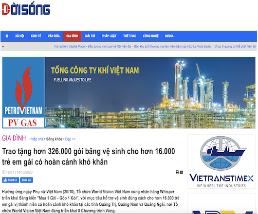 World Vision Việt Nam và nhãn hàng Whisper trao tặng hơn 326.000 gói băng vệ sinh  cho hơn 16.000 trẻ em gái có hoàn cảnh khó khăn ở miền Trung Việt Nam