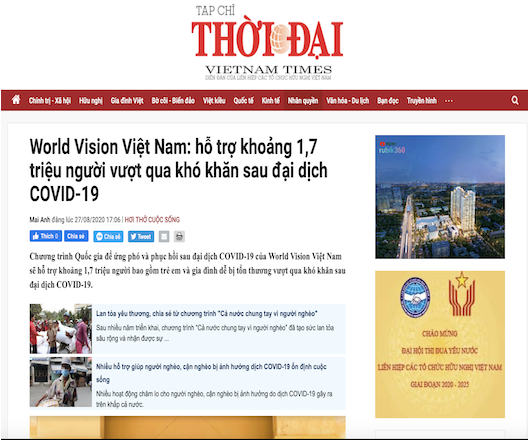 Tổ chức World Vision Việt Nam hỗ trợ hơn 1.7 triệu trẻ em và gia đình dễ bị tổn thương  tại 35 huyện vượt qua khó khăn sau đại dịch COVID-19